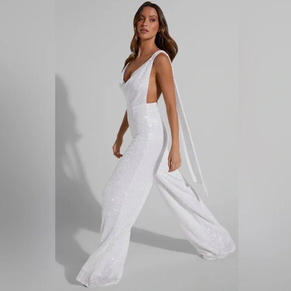 Showpo White Sequin Jumpsuit US Size 4 NWT - Picture 3 of 4